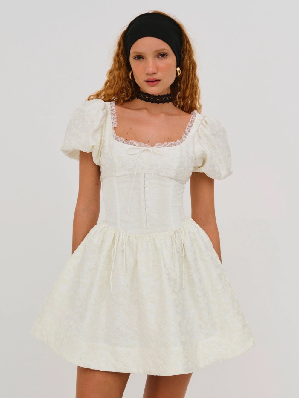 For Love & Lemons Ivory Puff-Sleeve Lace Mini Dress